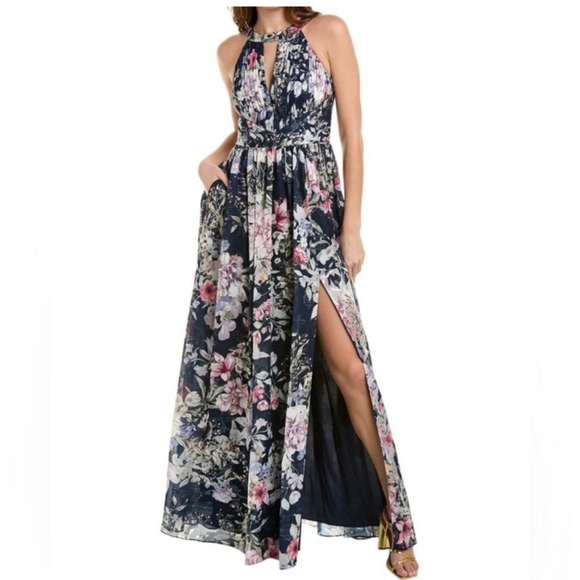 AIDAN MATTOX Printed Halter Maxi Dress, front slit - Picture 1 of 6
